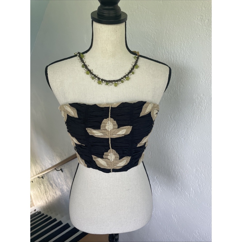 Zara Embroidered Strapless Smocked Black Tube Top Crop Bandeau XS Festival Boho